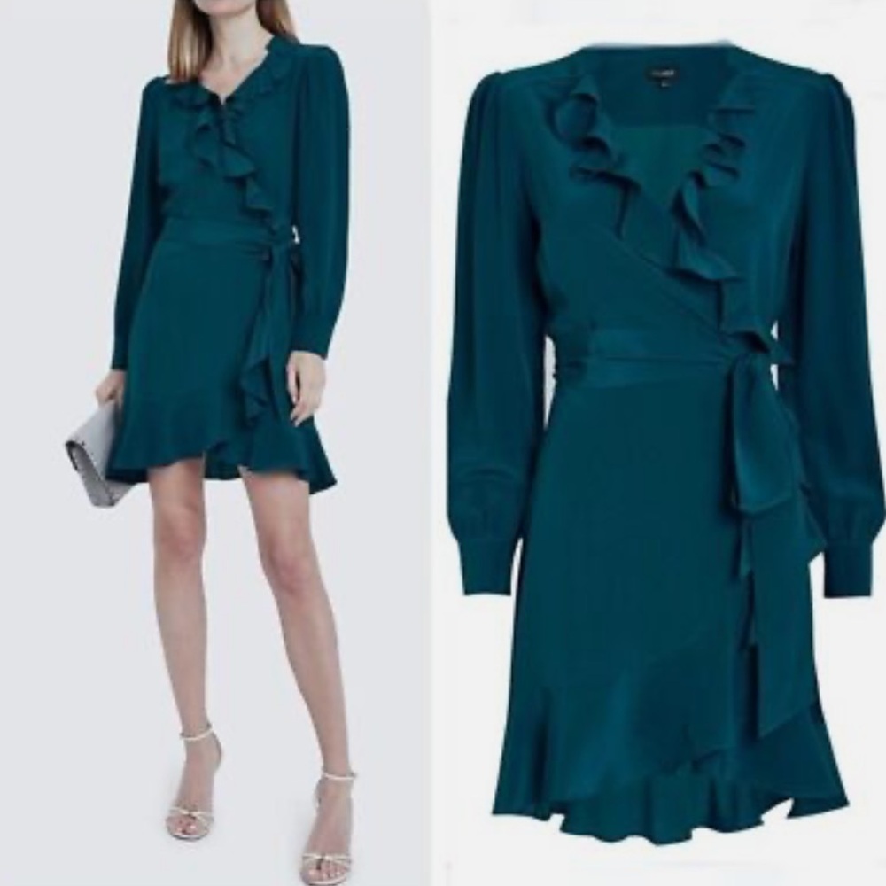 Intermix teal jewel aviana tone wrap ruffle dress in silk‎